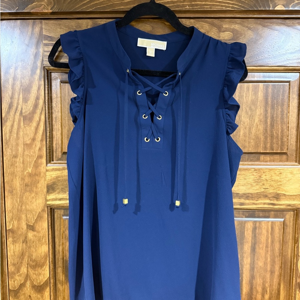 Michael Kors Royal Blue Lace-Up Ruffle Capped Sleeve Blouse
